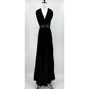 Halston Heritage Black Pleated Buckle Waist Asymmetrical Long Dress Sz 8 NEW